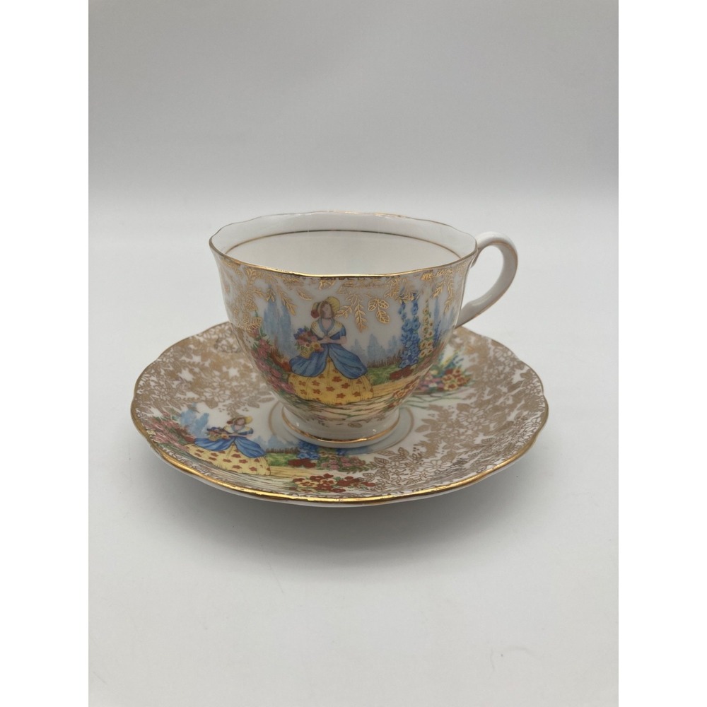 Colclough Bone China Teacup Saucer Set Crinoline Lady Garden Heavy Gold Chintz